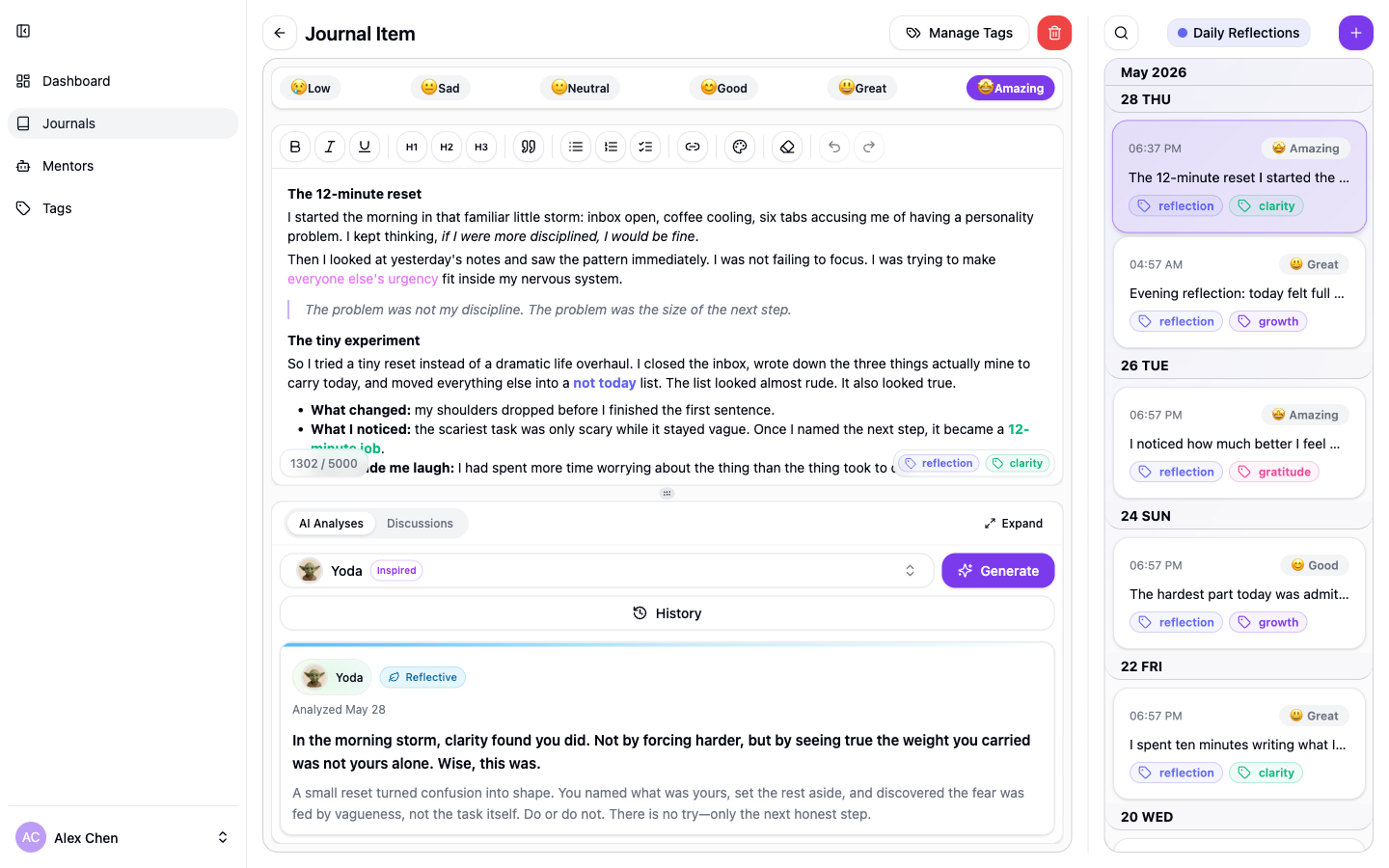 JAM journal entry with AI mentor response