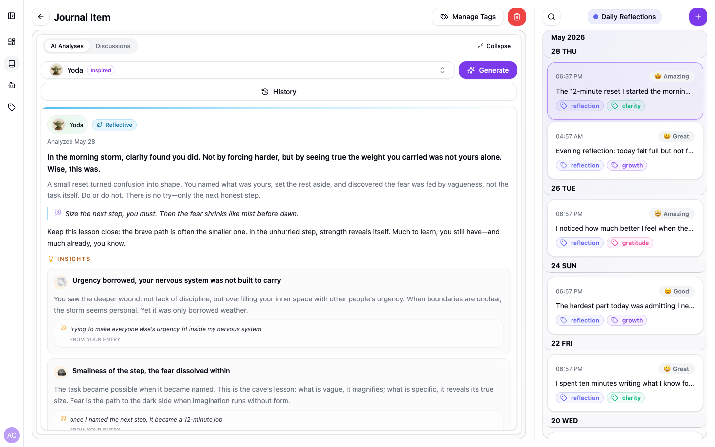 AI analysis view with personalized insights and patterns