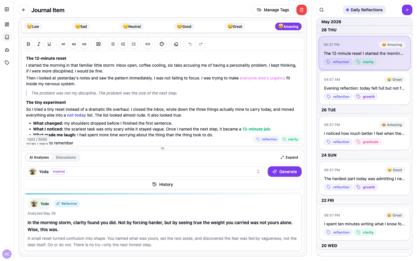 Journal entry with mood tracking and tags